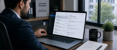 Account manager reviewing multiple client email threads on a laptop