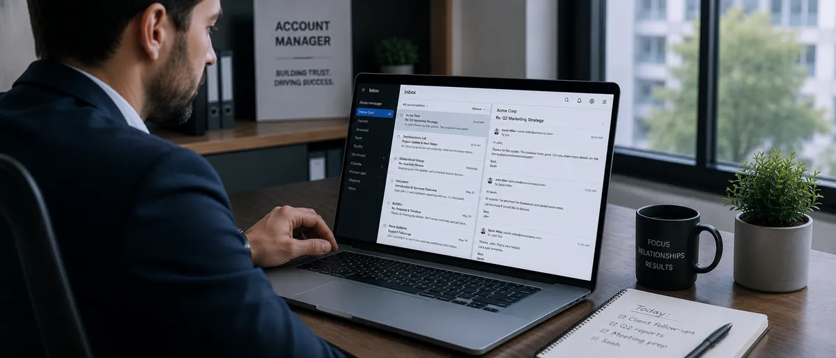Account manager reviewing multiple client email threads on a laptop