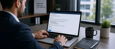 Professionnel rédigeant un email de suivi de réunion sur son ordinateur portable