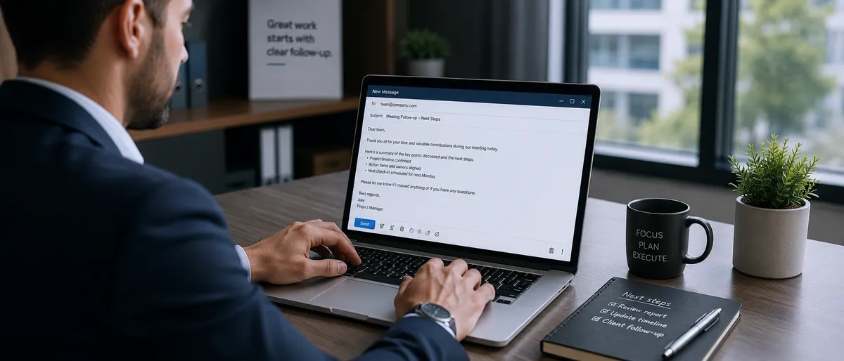 Professionnel rédigeant un email de suivi de réunion sur son ordinateur portable