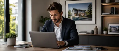 Agent immobilier consultant sa boîte email sur son ordinateur