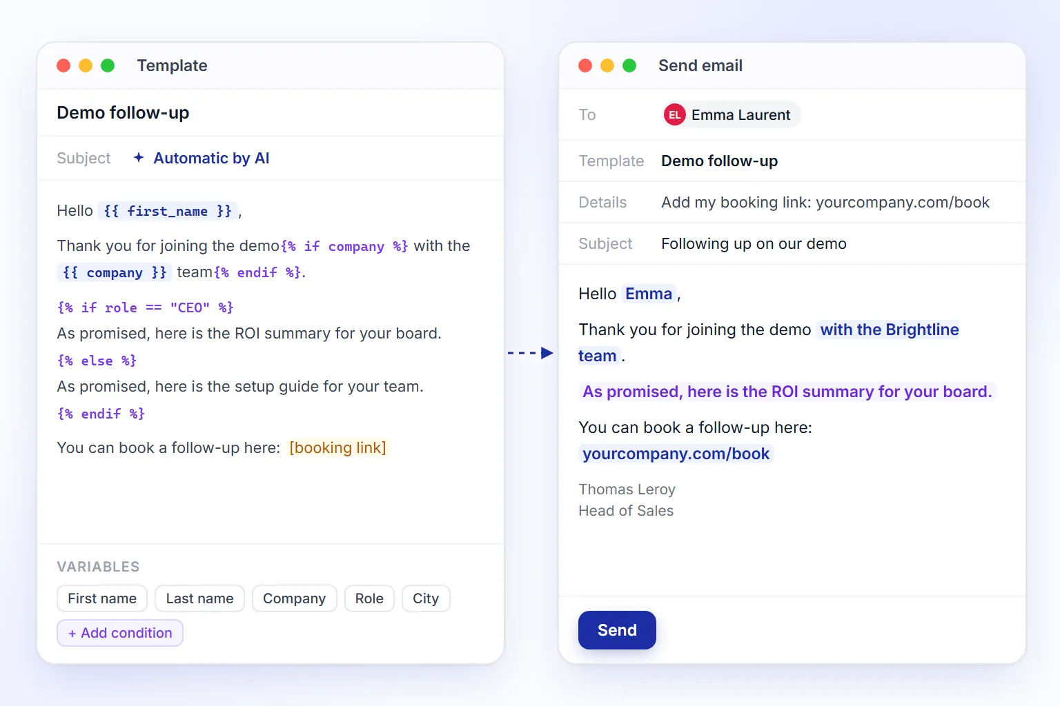 A template with variables turned into a personalized email