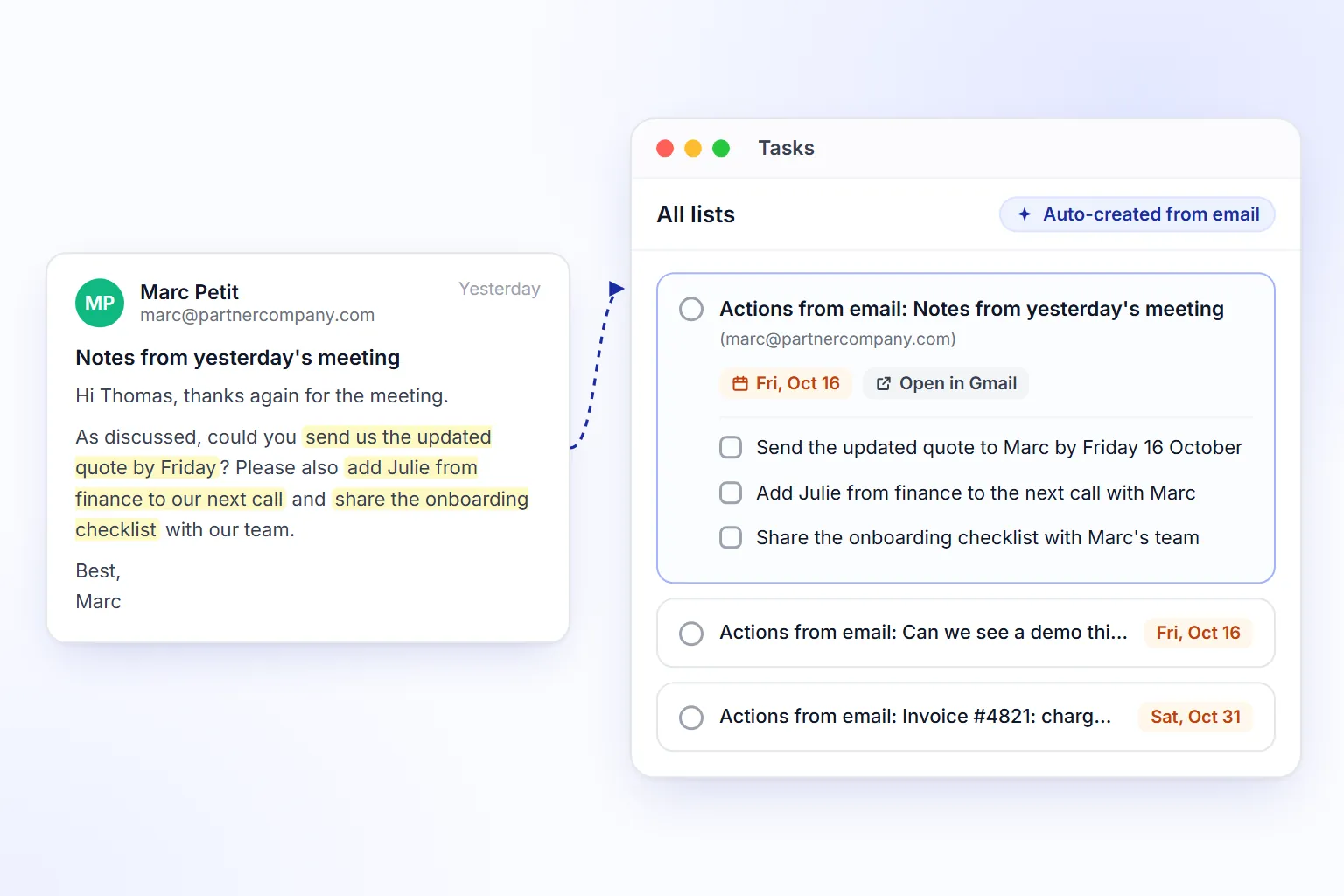 Tasks extracted from your emails, with due dates