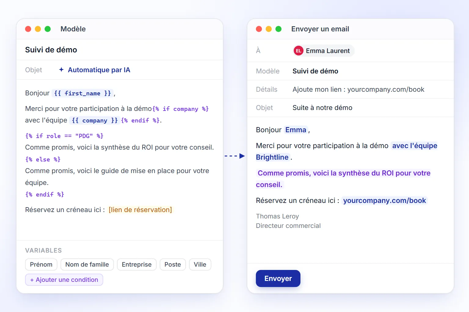 Un modèle avec variables transformé en email personnalisé