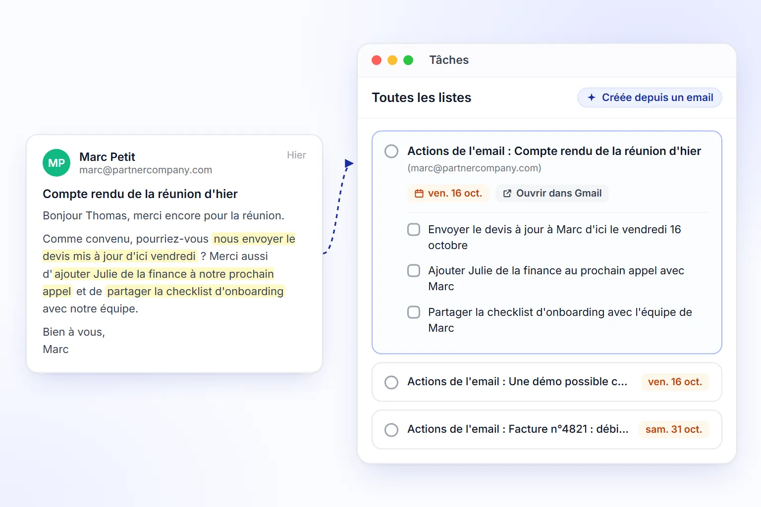 Les tâches extraites de vos emails, avec leurs échéances
